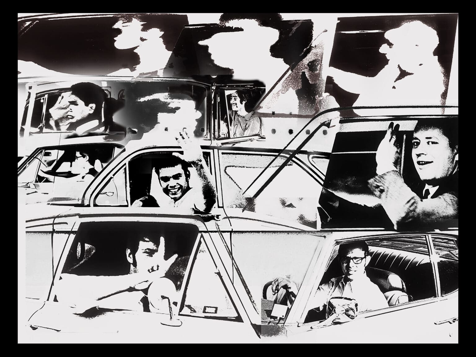black and white images of people in the car